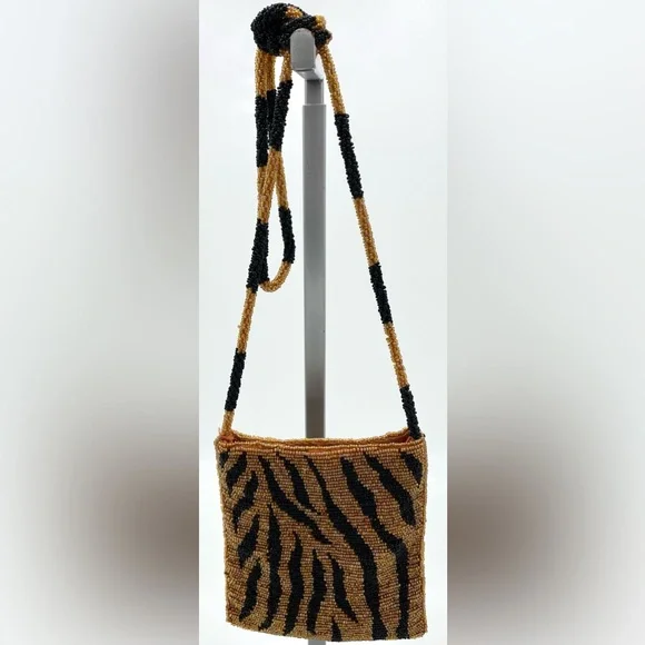 Vintage Tiger Striped Glass Beaded Crossbody Purse Dance Club Party Cocktail Bag - Picture 3 of 15